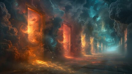 A series of doors opening and closing depicting the concept of karmic choices and how ones decisions ultimately determine their experiences in the next life.