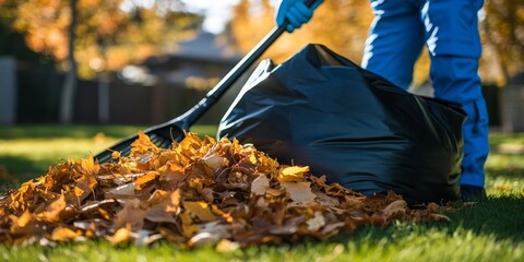 Man Collecting Autumn Leaves with a Rake into a Trash Bag in a Bright Garden
