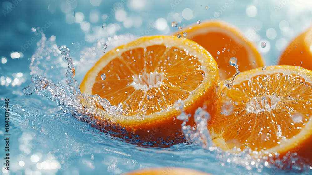 Poster fresh orange slices splashing in water create vibrant and refreshing scene