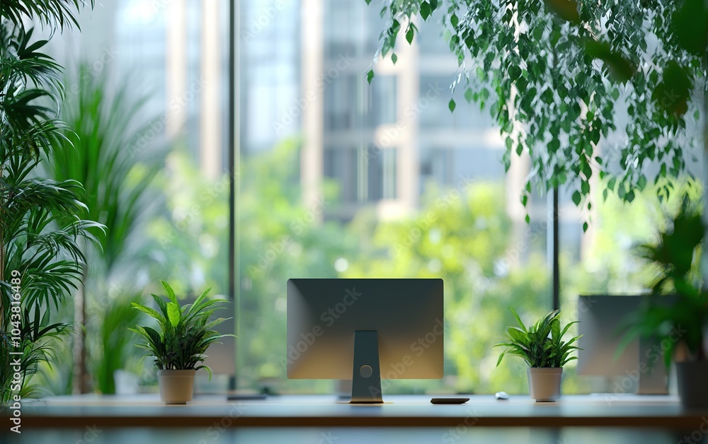 Poster modern office workspace with a computer monitor and plants against a large window.