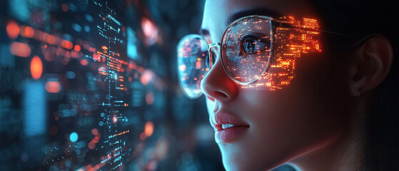 Woman Looking at Futuristic Technology with Digital Reflections in Glasses, Woman Looking at Futuristic Technology with Digital Reflections