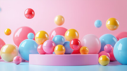 Colorful spheres and glossy balls create playful scene on pastel background