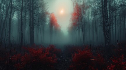 A still dark forest with no sounds or movement emphasizing the lack of sensation and experience in the lifeless state of a philosophical zombie.