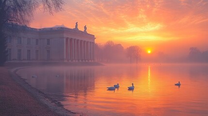 Fototapeta premium A majestic building stands on the shore of a misty lake at sunrise, with a vibrant orange sky and white swans swimming in the water.