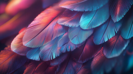 Fototapeta premium Stunning macro image capturing the shimmering brilliance of layered bird feathers forming a vibrant backdrop