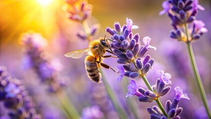 Pollination of lavender by bee in a sunny field