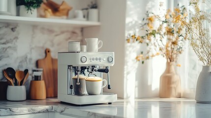 Obraz premium Modern Black Coffee Machine in a Stylish Kitchen with Cup - Sleek Home Appliance Closeup