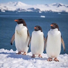 Fototapeta premium A medium shot of a family of penguins huddled together on an icy landscape, with rack focus highlighting the closest penguin's details while the others and the icy backdrop are gently blurred