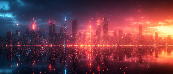 Fototapeta premium Futuristic Cityscape with Neon Lights and Water Reflections
