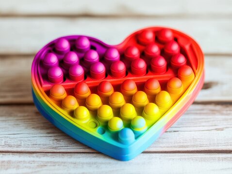 Fidgets in Heart Shape: Colorful Palette of Anti-Stress Toys on Wooden Background
