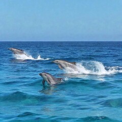 Fototapeta premium A long shot of a group of dolphins leaping out of the water, with a focus pull transitioning from the dolphins to the vast ocean expanse and the sun's rays filtering through the water