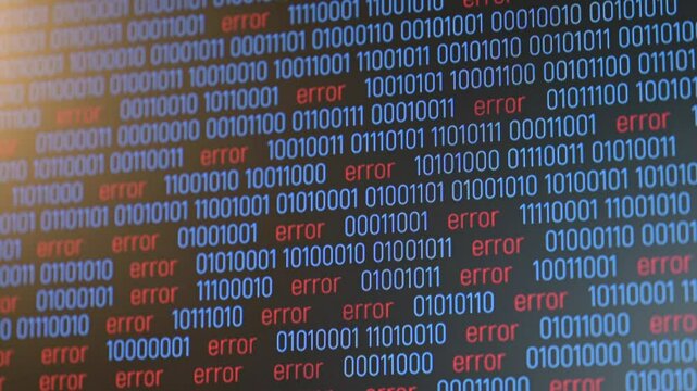 Flow of binary code data with more and more errors, program stops working. Concept of errors in program, critical error stops system, not responding