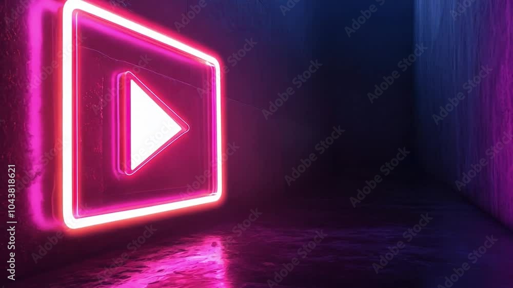 Poster a vibrant neon play button stands illuminated in a dark environment, creating a captivating atmosphe