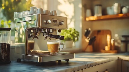 Modern Black Coffee Machine in a Stylish Kitchen with Cup - Sleek Home Appliance Closeup