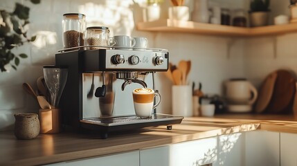 Modern Black Coffee Machine in a Stylish Kitchen with Cup - Sleek Home Appliance Closeup
