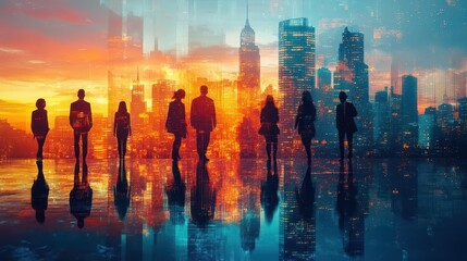 double exposure image of diverse business professionals engaged in a conference meeting set against the backdrop of a modern city office building symbolizing teamwork and collaboration