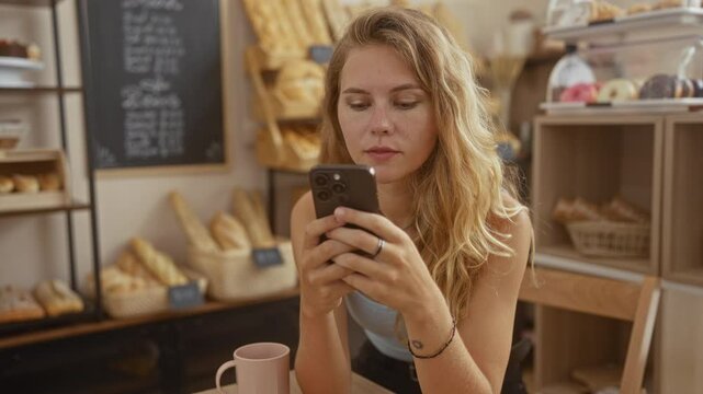 Young woman using smartphone inside bakery room with bread and pastries displayed on shelves in background