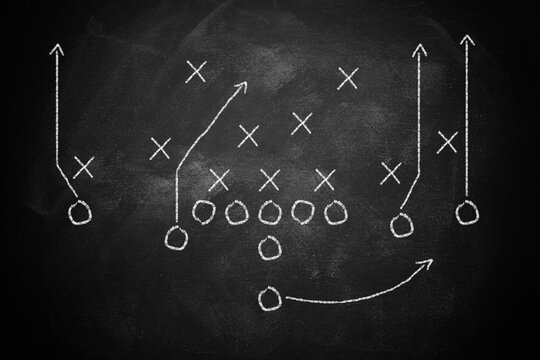 Scheme of football game on chalkboard background. Four verticals. American football playbook for college and high school.