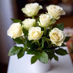 A delicate bouquet of white roses on blurred background