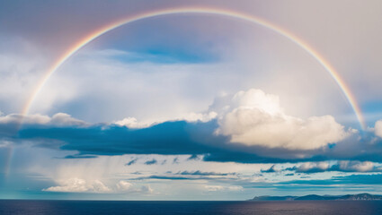 Awe-Inspiring Landscape A Photograph Featuring a Vibrant Circular Rainbow Halo Over a Shimmering Ocean, with Silhouetted Mountainous Coastline and Fluffy White Clouds