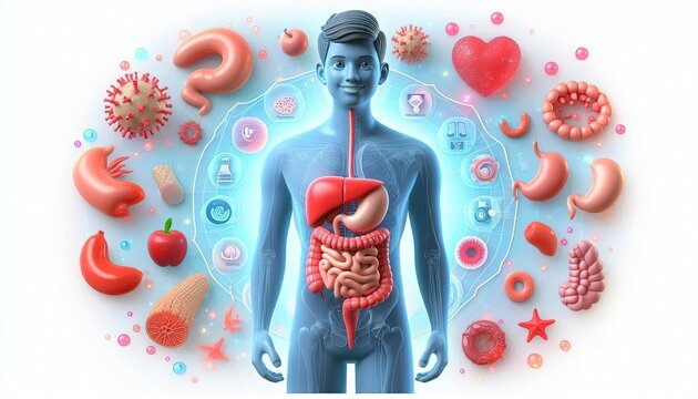 3D Illustration of Human Digestive System with Organs and Food