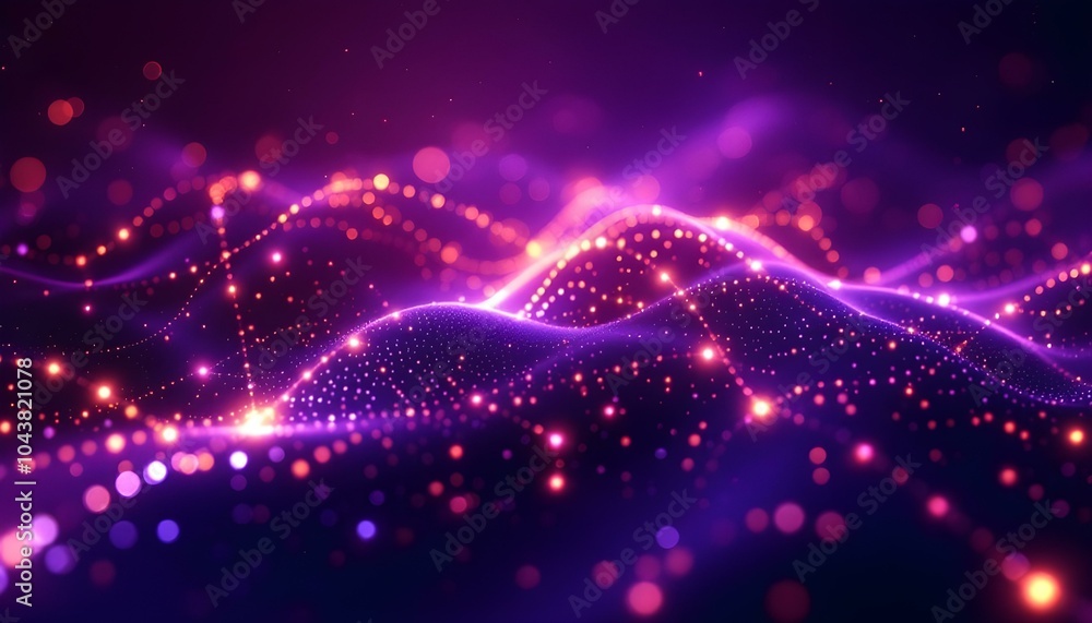 Poster an abstract configuration of pink and purple glowing dots connected by laser-like lines across a dar