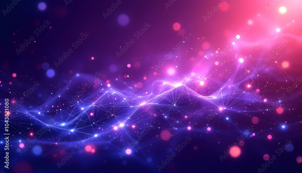 Poster an abstract configuration of pink and purple glowing dots connected by laser-like lines across a dar