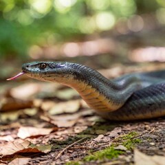 Fototapeta premium detailed shot of a snake head, with its eyes locked on the viewer and its tongue extended, as the surrounding forest floor fades into the background, creating a sense of focus and intensity