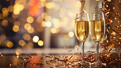Champagne Celebration: Two elegant champagne flutes clink together against a backdrop of glittering bokeh lights, creating a festive atmosphere for a special occasion.