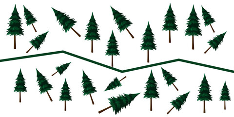 Fototapeta premium Design background. Green Christmas trees are randomly arranged. Vector on a blue background