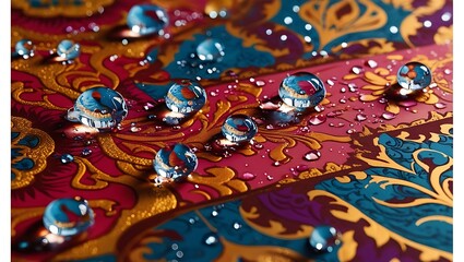 Artistic images showcasing water drops on colorful textured backgrounds