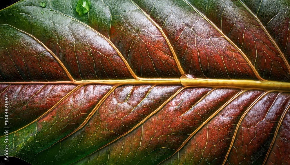 Poster close-up of a vibrantly veined leaf showing autumnal transition with bold, textured details of the g
