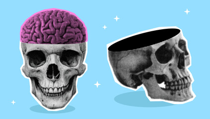 Halloween grunge halftone skull with brain. Collage dots  design elements. 