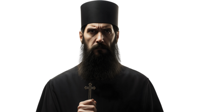 Orthodox priest, dressed in traditional robes, standing with a solemn expression, symbolizing faith and devotion, isolated on a transparent white background.