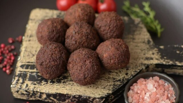 Falafel vegetarian and vegan dish made with chickpeas, spices and herbs on a dark concrete background