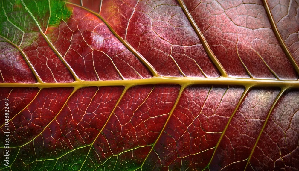 Poster close-up of a vibrantly veined leaf showing autumnal transition with bold, textured details of the g