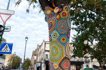 Tree trunk adorned with multicolored crochet yarn, capturing the essence of urban creativity and autumn&rsquo;s golden hues. A charming display of street art and nature in harmony