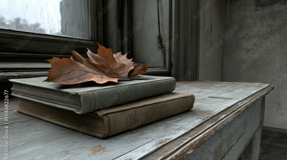 Poster Rustic Bookshelf with Autumn Leaves by the Window