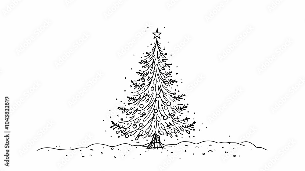 Poster a simple line drawing of a christmas tree with a star on top, surrounded by snow, creating a festive