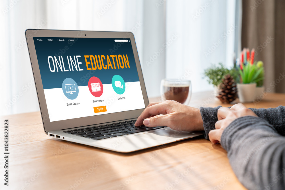 Poster e-learning website with modish sofware for student to study online on the internet network