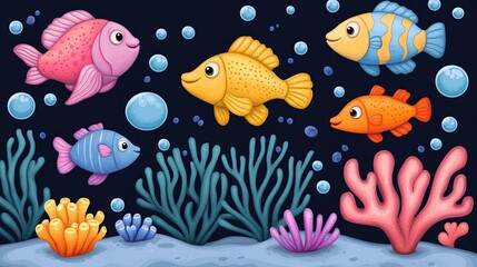 Naklejka premium Five colorful fish swimming in the ocean with coral, seaweed and bubbles.