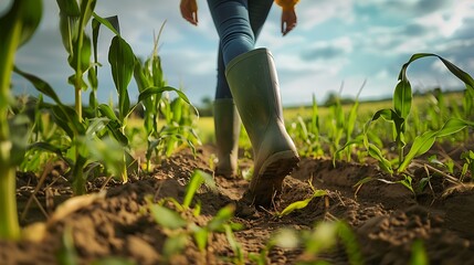 Farmer in rubber boots walks on a corn field