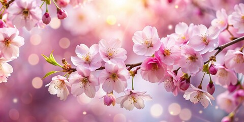 Fototapeta premium Sakura blossoms in full bloom create a mesmerizing spring background accented by delicate petals, pink shades, and enchanting bokeh, low angle