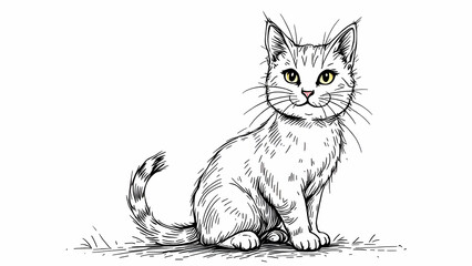 Obraz premium A black and white line drawing of a white cat sitting with its tail curled behind it. The cat has large, round eyes, a pink nose, and a slight smile.
