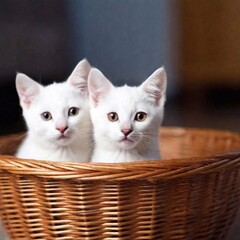 white two kitten curled up in a basket, with sharp focus on its delicate face and whiskers, while the woven basket and soft surroundings blur gently, at home, portrait