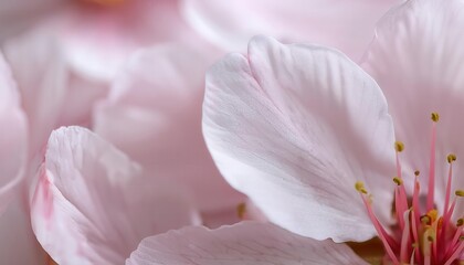 Close-up of Delicate Pink Cherry Blossom Petals and Stamens in Full Bloom with Soft Lighting and Gentle Texture for Tranquility, Nature, Springtime, and Floral Serenity Concepts
