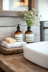 Elegant bathroom setup featuring natural soap and serene decor for a relaxing ambiance