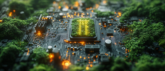 Fototapeta na wymiar Abstract Green Technology Concept with Circuit Board and Forest