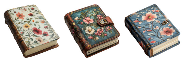 Vintage Floral Notebooks on Transparent Background