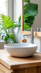 Fototapeta premium Elegant minimalist bathroom design featuring a stylish sink and lush greenery